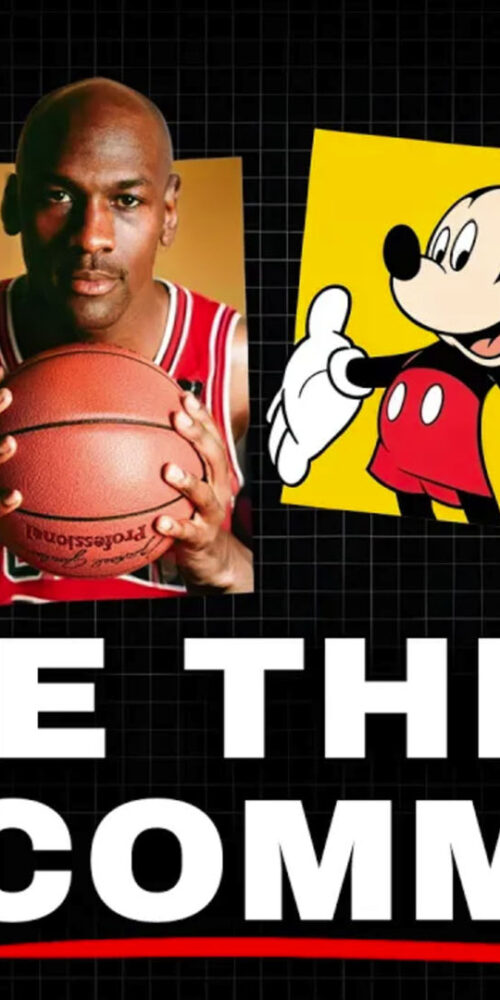 Einstein, Michael Jordan, Mickey Mouse, and Shakespeare portraits with bold text: ‘One Thing In Common’ — representing iconic brand frequency and authenticity.